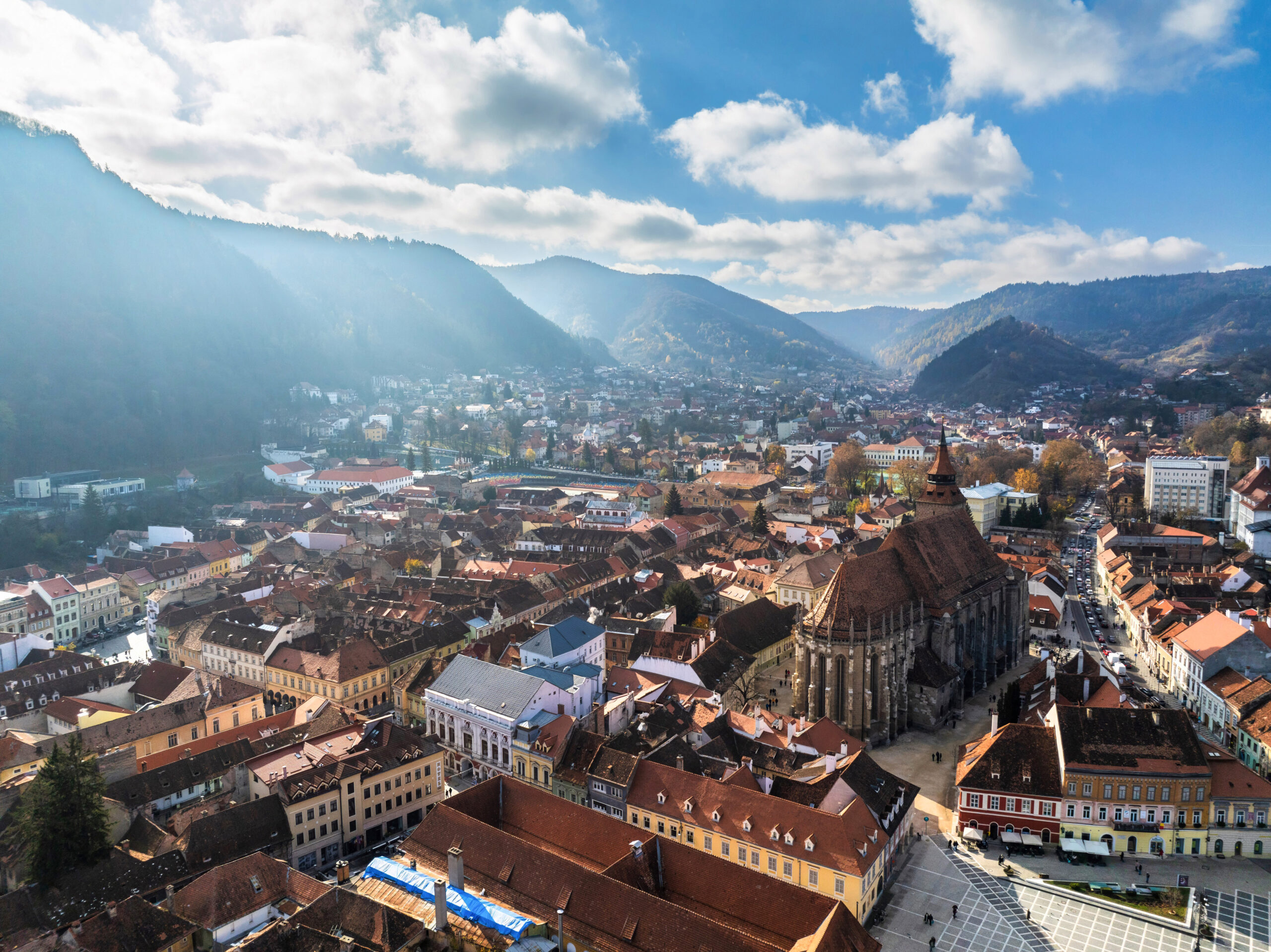 Aerial view of Black Church in Brasov